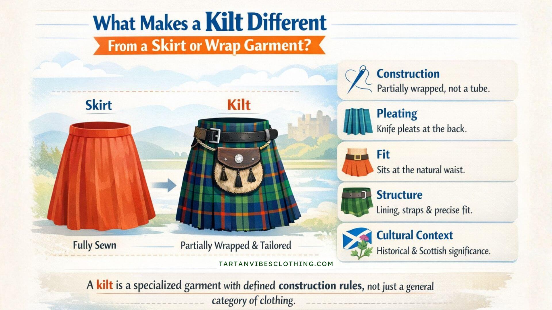 What makes a kilt different from a skirt infographic showing construction, pleating, fit, and Scottish cultural significance