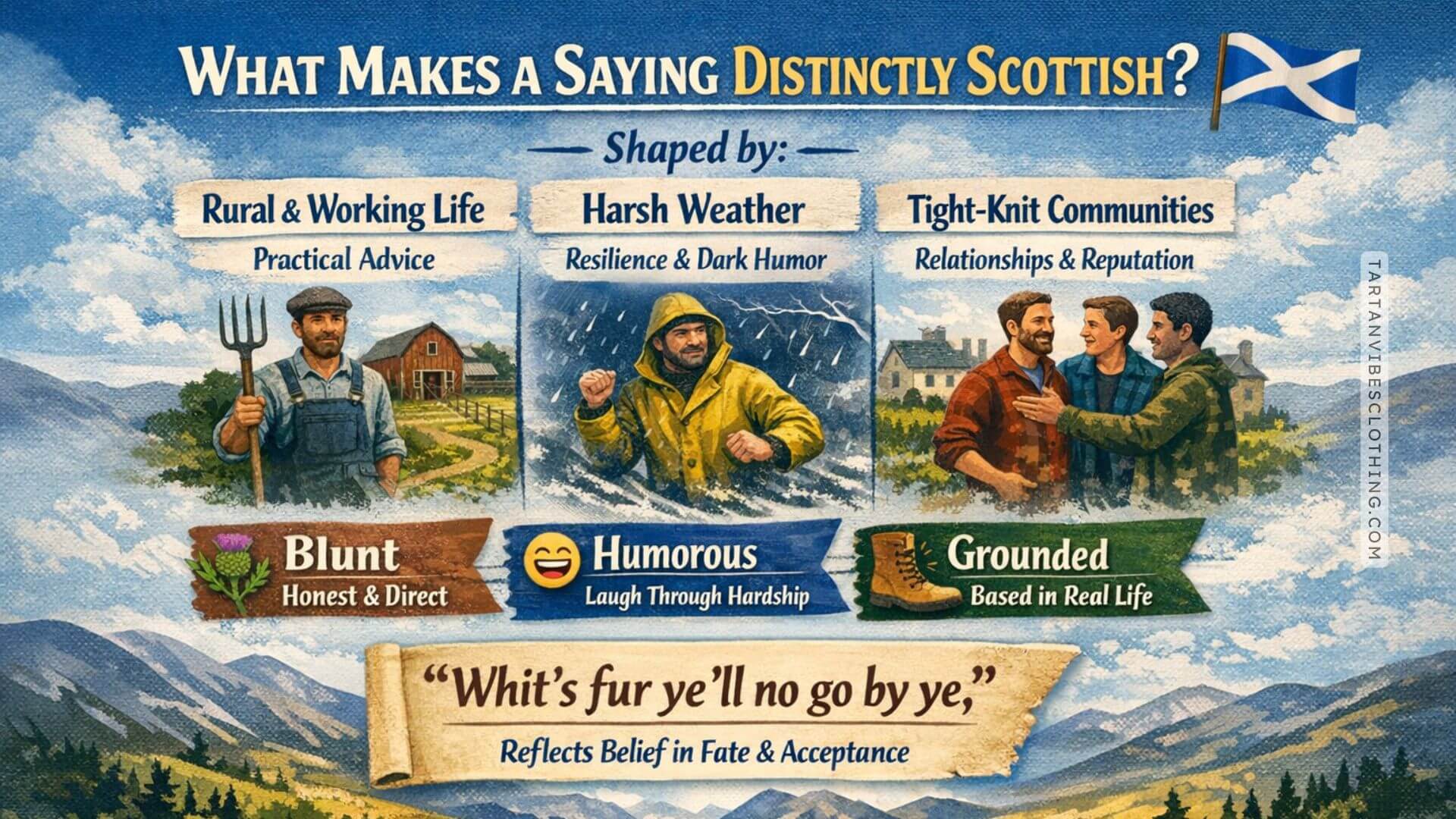 Scottish sayings infographic showing culture, humor, and rural life influences