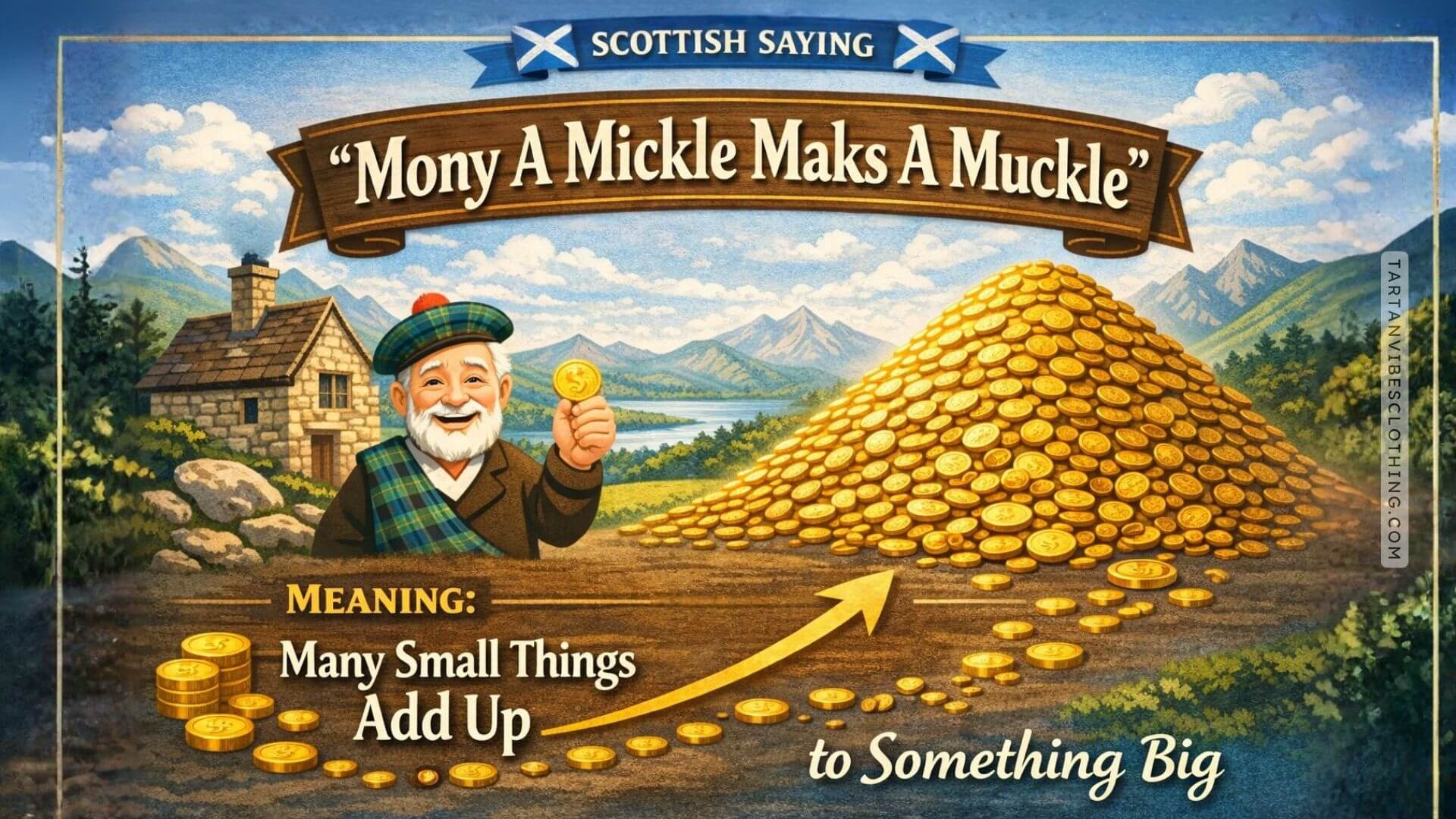 Scottish saying “Many a mickle makes a muckle” meaning small things add up