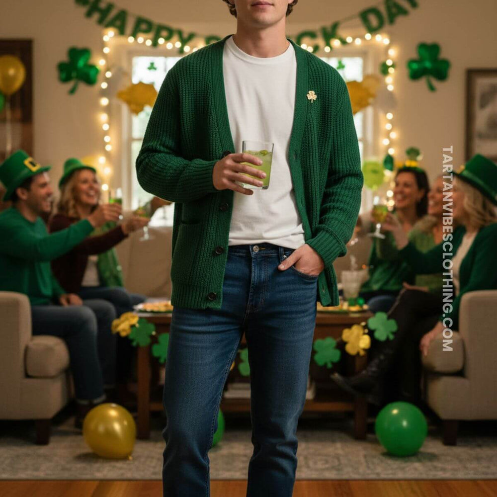 Men’s St. Patrick’s Day outfit with green cardigan and jeans at house party