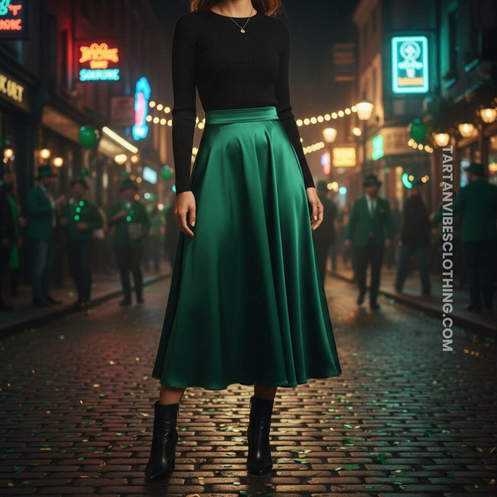 Women’s St. Patrick’s Day outfit with green midi skirt and black top at night