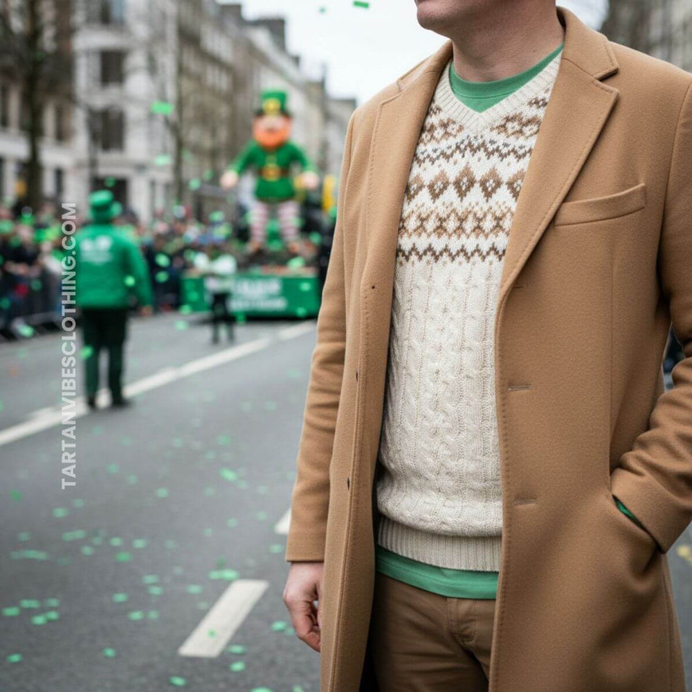 Men’s St. Patrick’s Day parade outfit with camel coat and cable knit sweater