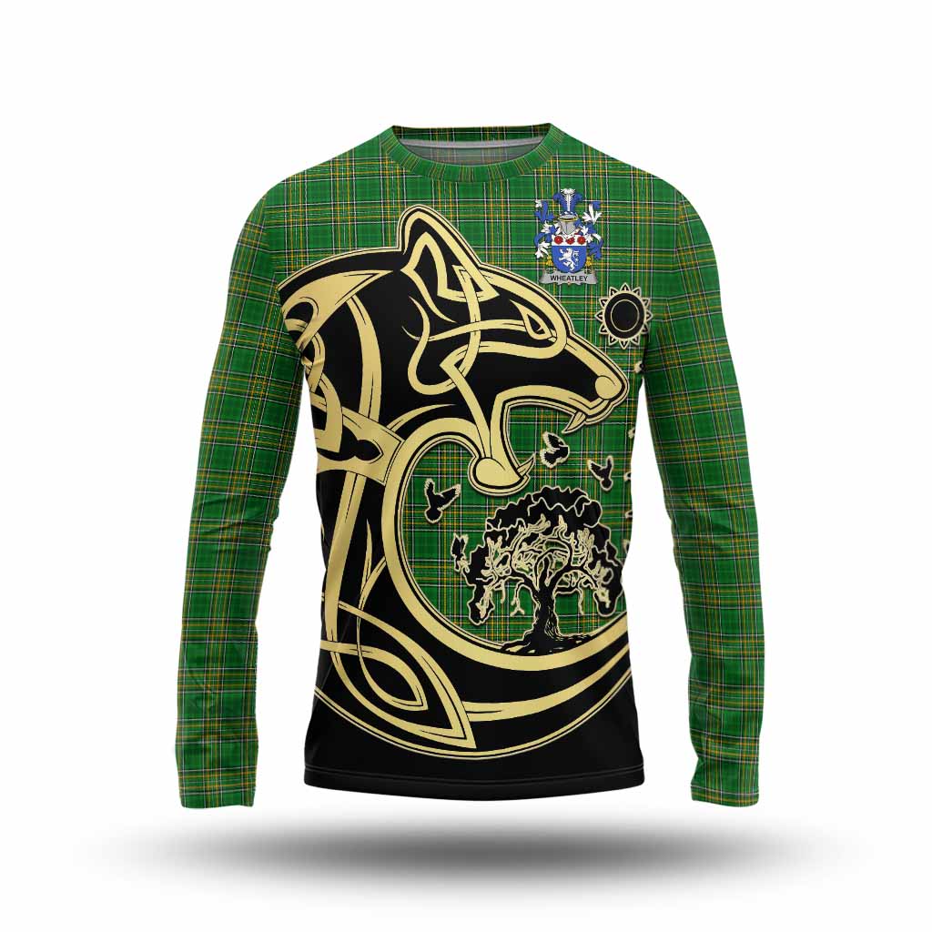 Tartan Vibes Clothing Wheatley Irish Tartan Long Sleeve T-Shirt with Coat of Arms Celtic Wolf Style