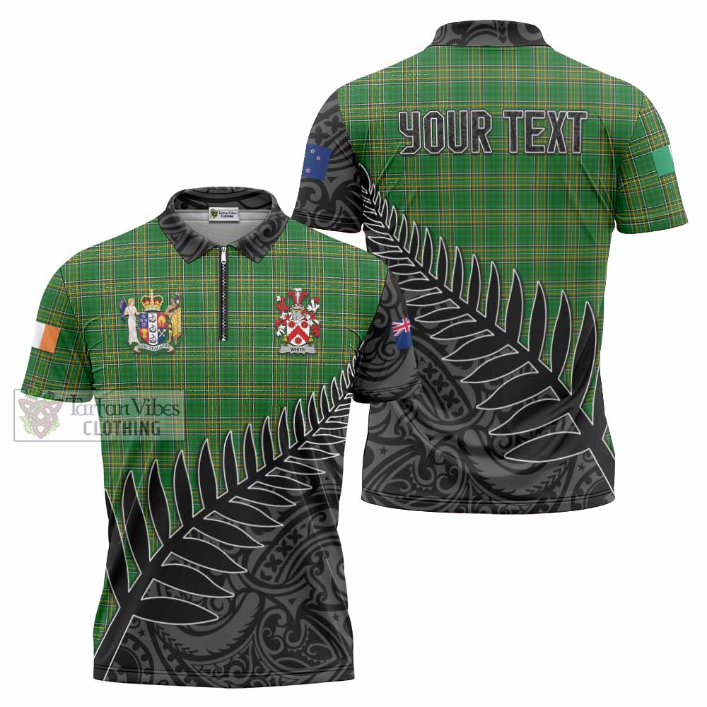 Tartan Vibes Clothing White Irish Clan Tartan Zipper Polo Shirt with Coat of Arms New Zealand Silver Fern Half Style