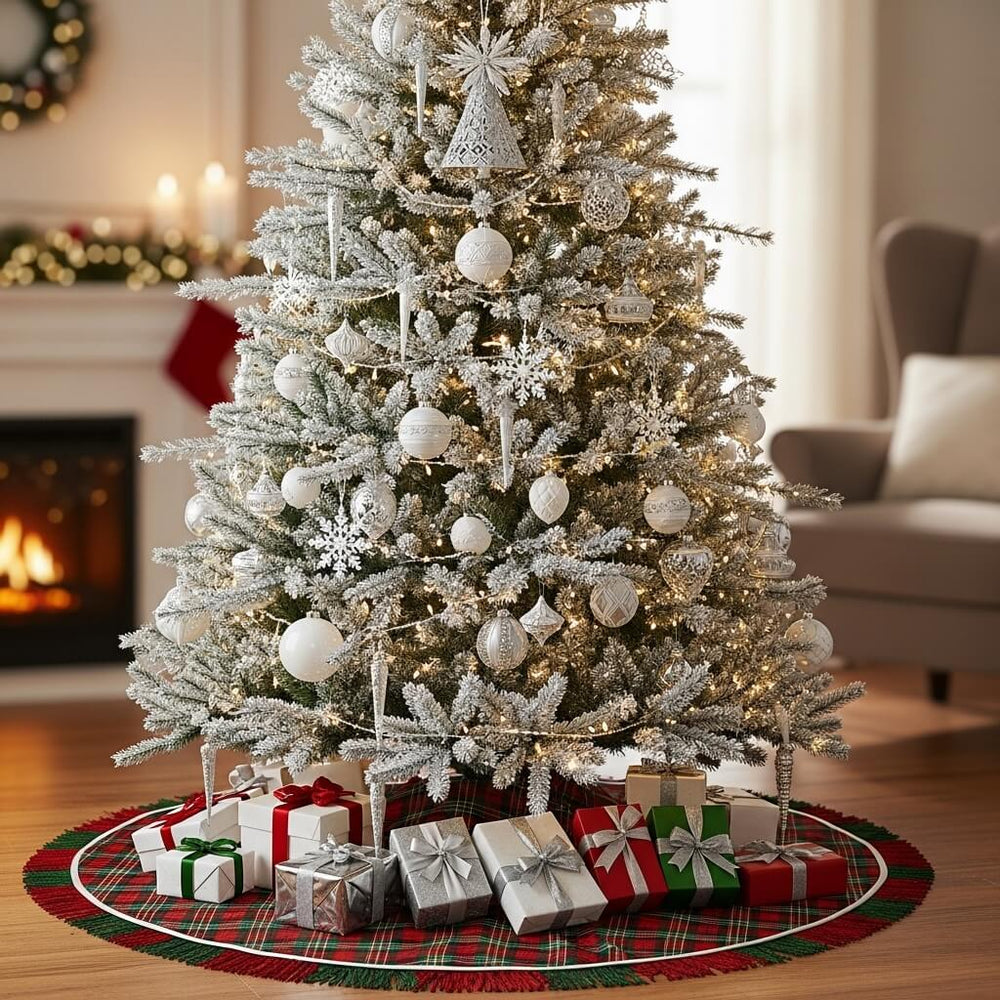 Snow-frosted Christmas tree with white and silver ornaments, glowing lights, and neatly wrapped gifts on a plaid tree skirt beside a cozy fireplace.