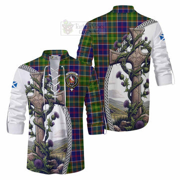 Whitefoord Tartan Ghillie Kilt Shirt with Family Crest and St. Andrew's Cross Accented by Thistle Vines Men - Tartan Vibes Clothing