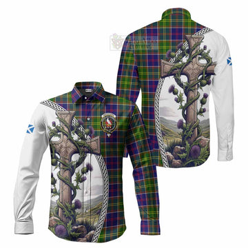 Whitefoord Tartan Long Sleeve Button Shirt with Family Crest and St. Andrew's Cross Accented by Thistle Vines Men's Shirt S - Tartan Vibes Clothing