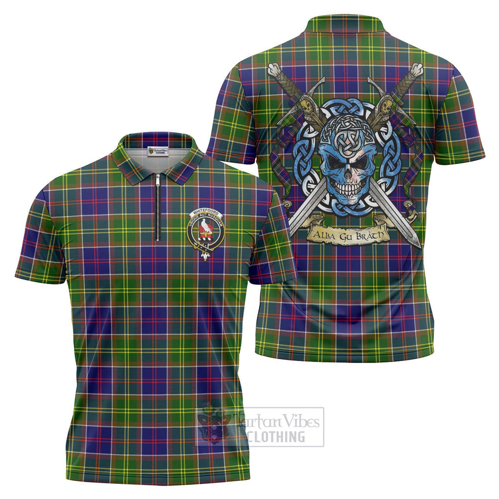 Whitefoord Tartan Zipper Polo Shirt with Family Crest Celtic Skull Style Unisex - Tartan Vibes Clothing