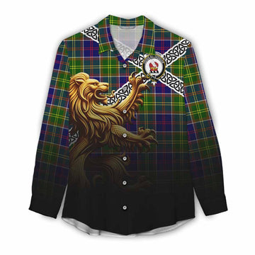 Whitefoord Crest Tartan Women's Casual Shirt with Golden Lion Emblem Celtic Style Female - Tartan Vibes Clothing