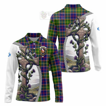 Whitefoord Tartan Long Sleeve Polo Shirt with Family Crest and St. Andrew's Cross Accented by Thistle Vines Unisex - Tartan Vibes Clothing
