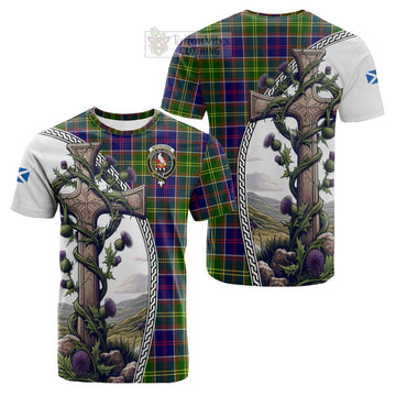 Whitefoord Tartan Cotton T-shirt with Family Crest and St. Andrew's Cross Accented by Thistle Vines Kid's Shirt - Tartan Vibes Clothing