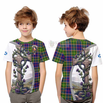 Whitefoord Tartan Kid T-Shirt with Family Crest and St. Andrew's Cross Accented by Thistle Vines Youth XL Size14 - Tartan Vibes Clothing