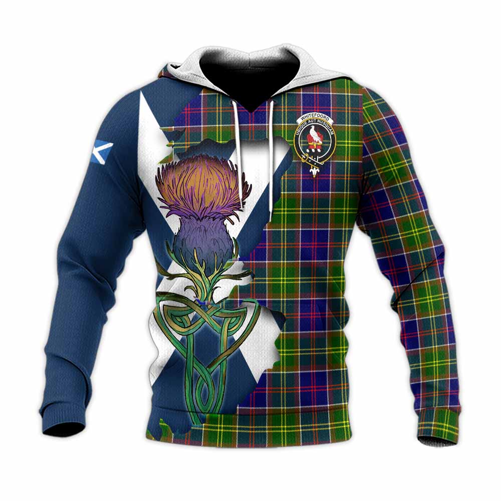 Tartan Vibes Clothing Whitefoord Tartan Family Crest Knitted Hoodie Scottish Thistle Celtic Inspired