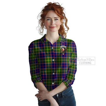 Whitefoord Tartan Women's Casual Shirt with Family Crest and Bearded Skull Holding Bottles of Whiskey Female - Tartan Vibes Clothing