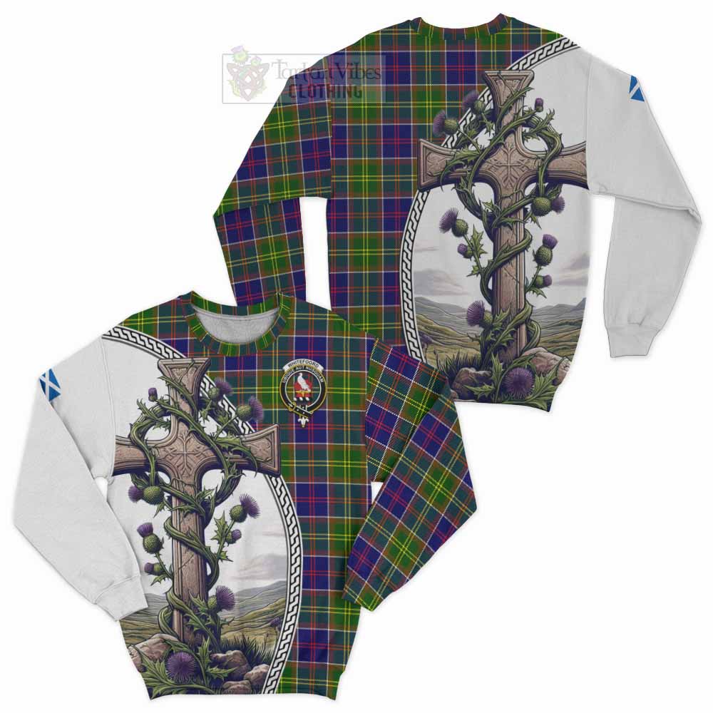 Whitefoord Tartan Sweatshirt with Family Crest and St. Andrew's Cross Accented by Thistle Vines Unisex - Tartan Vibes Clothing