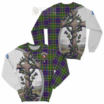 Whitefoord Tartan Sweatshirt with Family Crest and St. Andrew's Cross Accented by Thistle Vines Unisex - Tartan Vibes Clothing