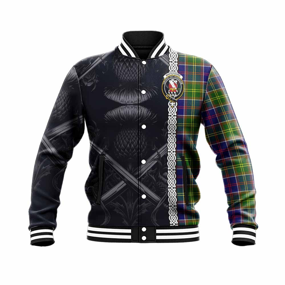 Whitefoord Tartan Baseball Jacket with Family Crest Cross Sword Thistle Celtic Vibes Unisex - Tartan Vibes Clothing
