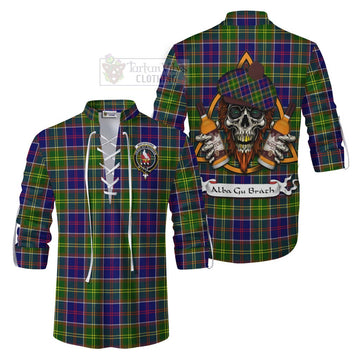 Whitefoord Tartan Ghillie Kilt Shirt with Family Crest and Bearded Skull Holding Bottles of Whiskey Men - Tartan Vibes Clothing