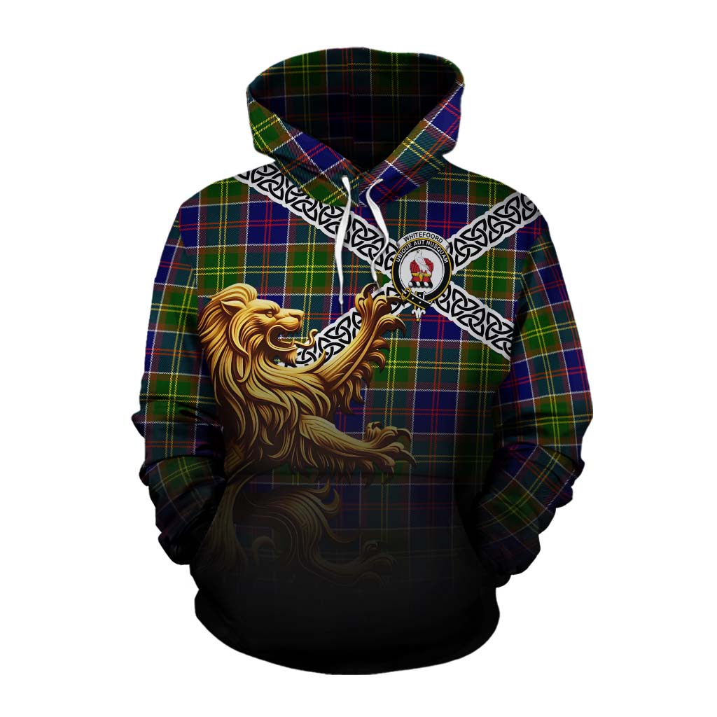 Whitefoord Crest Tartan Cotton Hoodie with Golden Lion Emblem Celtic Style Pullover Hoodie XS - Tartan Vibes Clothing