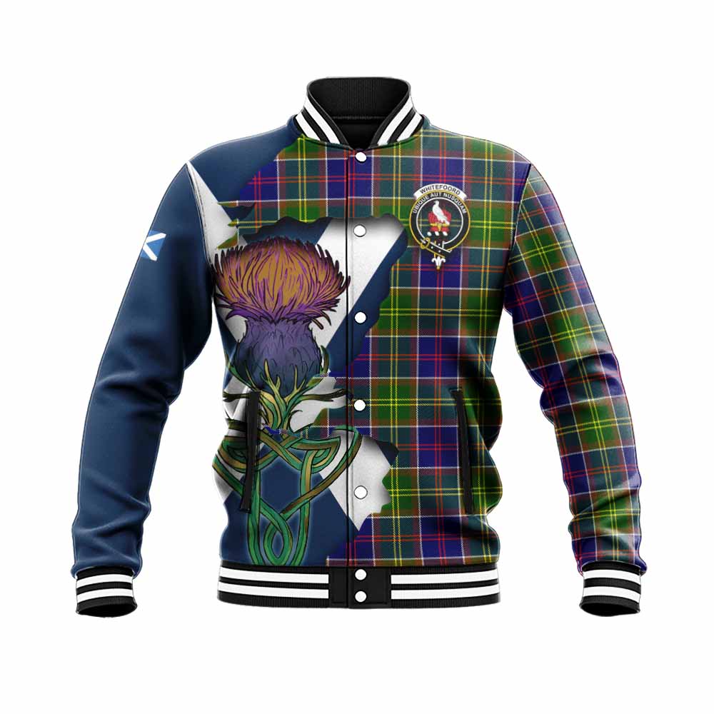 Tartan Vibes Clothing Whitefoord Tartan Family Crest Baseball Jacket Scottish Thistle Celtic Inspired