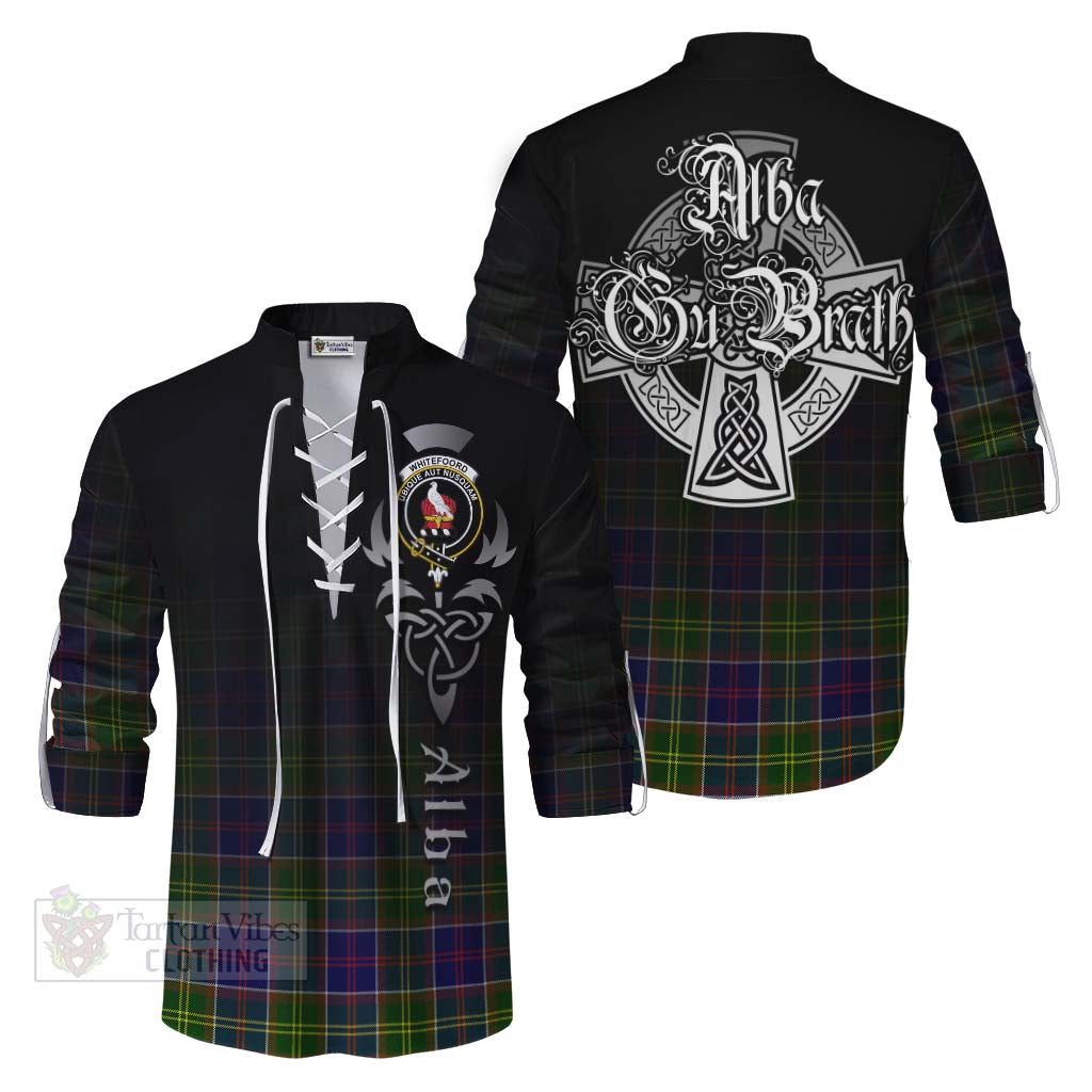 Tartan Vibes Clothing Whitefoord Tartan Ghillie Kilt Shirt Featuring Alba Gu Brath Family Crest Celtic Inspired