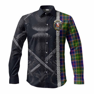 Tartan Vibes Clothing Whitefoord Tartan Long Sleeve Button Shirt with Family Crest Cross Sword Thistle Celtic Vibes