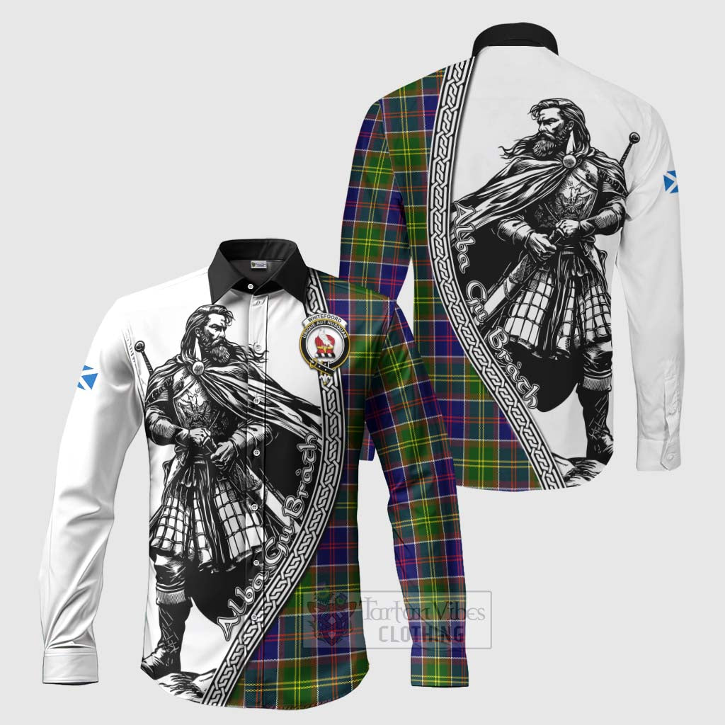 Whitefoord Tartan Clan Crest Long Sleeve Button Shirt with Highlander Warrior Celtic Style Men's Shirt S - Tartan Vibes Clothing