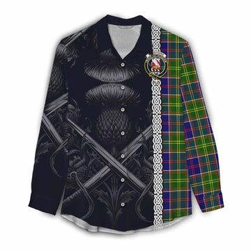 Whitefoord Tartan Women's Casual Shirt with Family Crest Cross Sword Thistle Celtic Vibes Female - Tartan Vibes Clothing