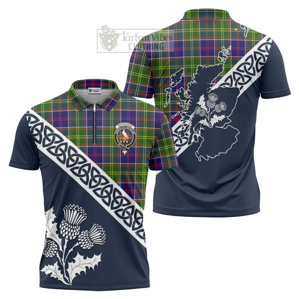 Whitefoord Tartan Zipper Polo Shirt Featuring Thistle and Scotland Map Unisex - Tartanvibesclothing Store