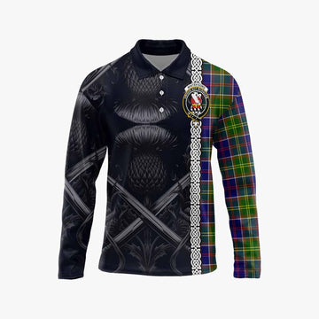 Whitefoord Tartan Long Sleeve Polo Shirt with Family Crest Cross Sword Thistle Celtic Vibes Unisex - Tartan Vibes Clothing