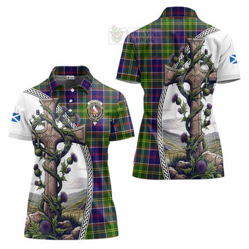 Whitefoord Tartan Women's Polo Shirt with Family Crest and St. Andrew's Cross Accented by Thistle Vines Women - Tartan Vibes Clothing
