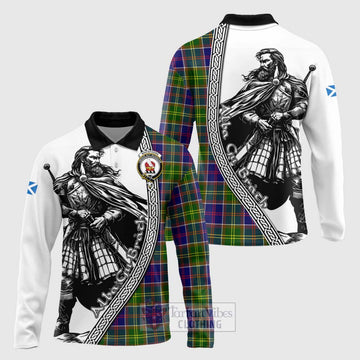 Whitefoord Tartan Clan Crest Long Sleeve Polo Shirt with Highlander Warrior Celtic Style Unisex - Tartan Vibes Clothing