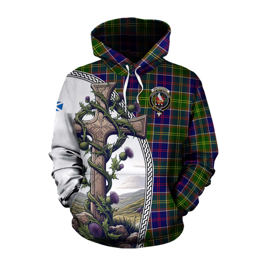 Tartan Vibes Clothing Whitefoord Tartan Cotton Hoodie with Family Crest and St. Andrew's Cross Accented by Thistle Vines
