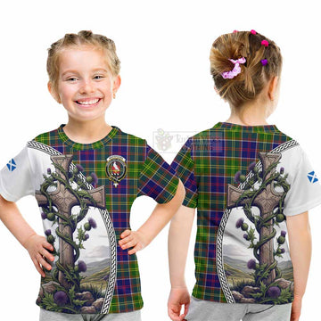 Whitefoord Tartan Kid T-Shirt with Family Crest and St. Andrew's Cross Accented by Thistle Vines - Tartan Vibes Clothing
