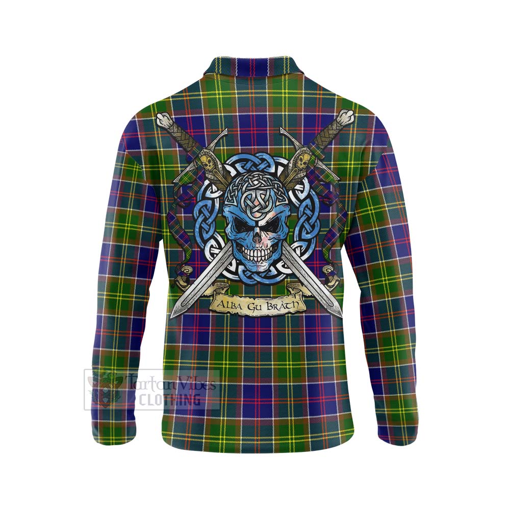 Whitefoord Tartan Long Sleeve Polo Shirt with Family Crest Celtic Skull Style - Tartan Vibes Clothing