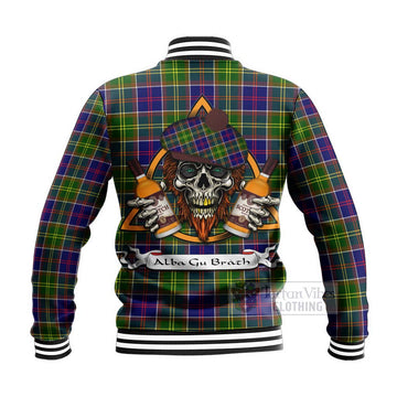 Whitefoord Tartan Baseball Jacket with Family Crest and Bearded Skull Holding Bottles of Whiskey - Tartan Vibes Clothing