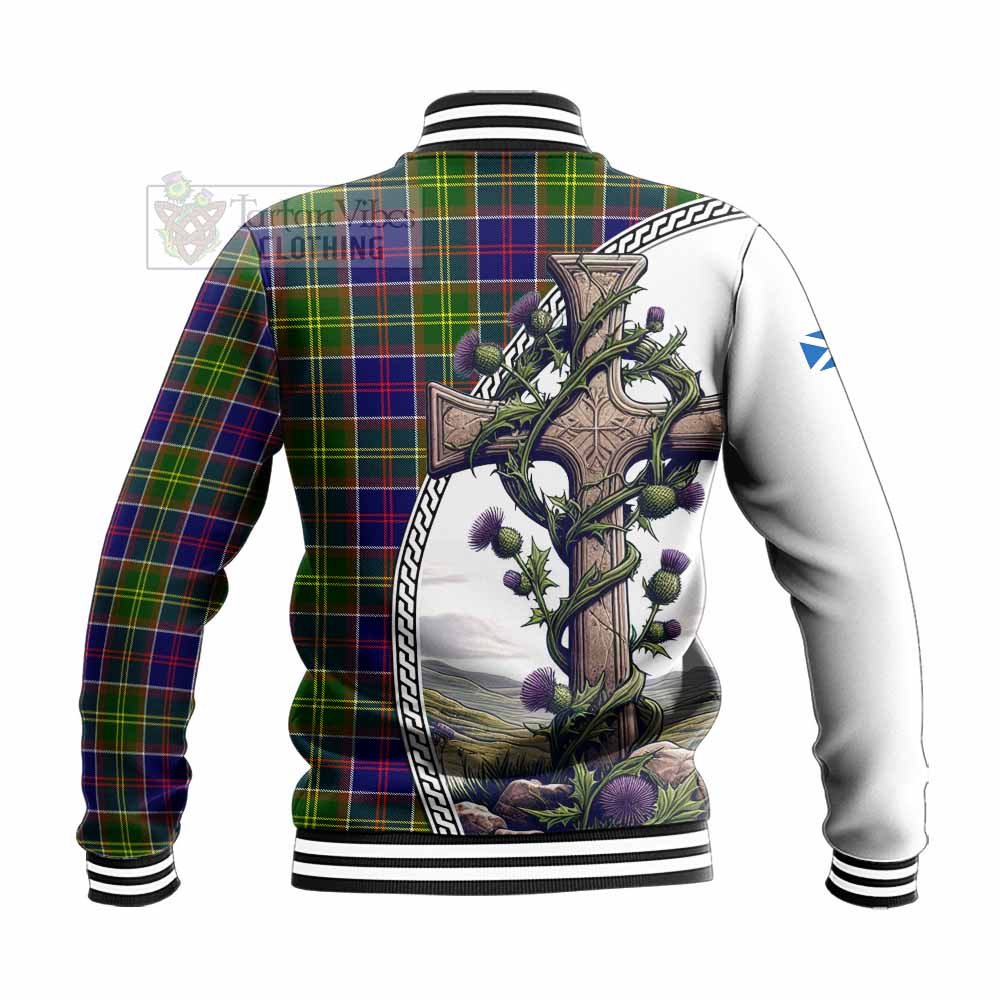 Whitefoord Tartan Baseball Jacket with Family Crest and St. Andrew's Cross Accented by Thistle Vines - Tartan Vibes Clothing