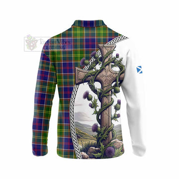 Whitefoord Tartan Long Sleeve Polo Shirt with Family Crest and St. Andrew's Cross Accented by Thistle Vines - Tartan Vibes Clothing