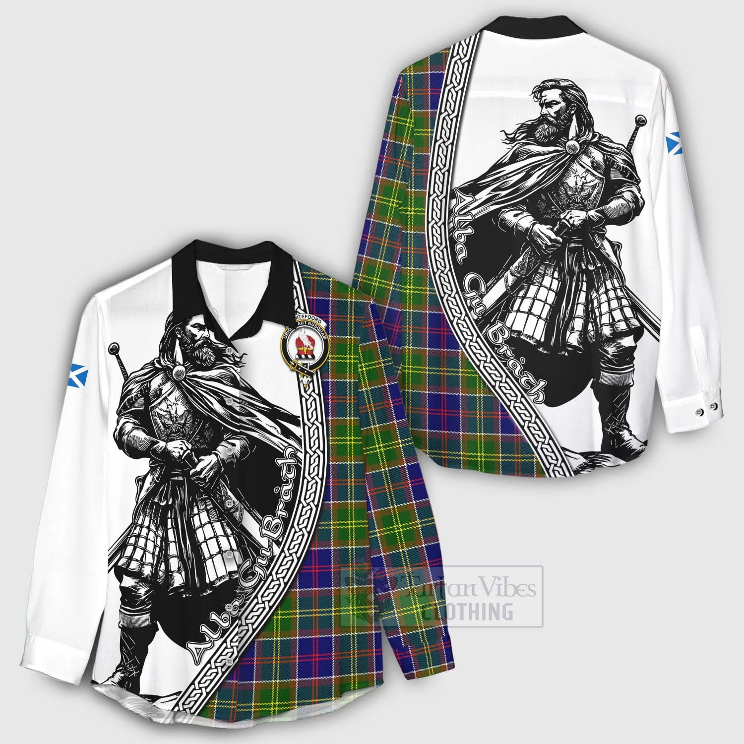 Whitefoord Tartan Clan Crest Women's Casual Shirt with Highlander Warrior Celtic Style - Tartan Vibes Clothing