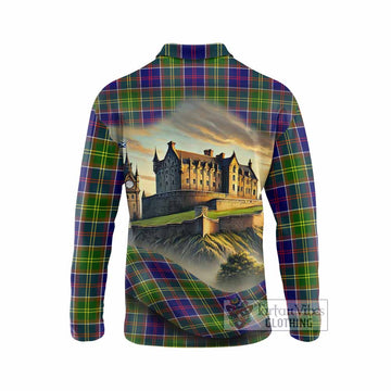 Whitefoord Tartan Family Crest Long Sleeve Polo Shirt with Scottish Ancient Castle Style - Tartan Vibes Clothing