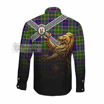 Whitefoord Crest Tartan Long Sleeve Button Shirt with Golden Lion Emblem Celtic Style Men's Shirt - Tartan Vibes Clothing