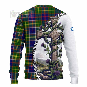 Whitefoord Tartan Knitted Sweater with Family Crest and St. Andrew's Cross Accented by Thistle Vines - Tartan Vibes Clothing