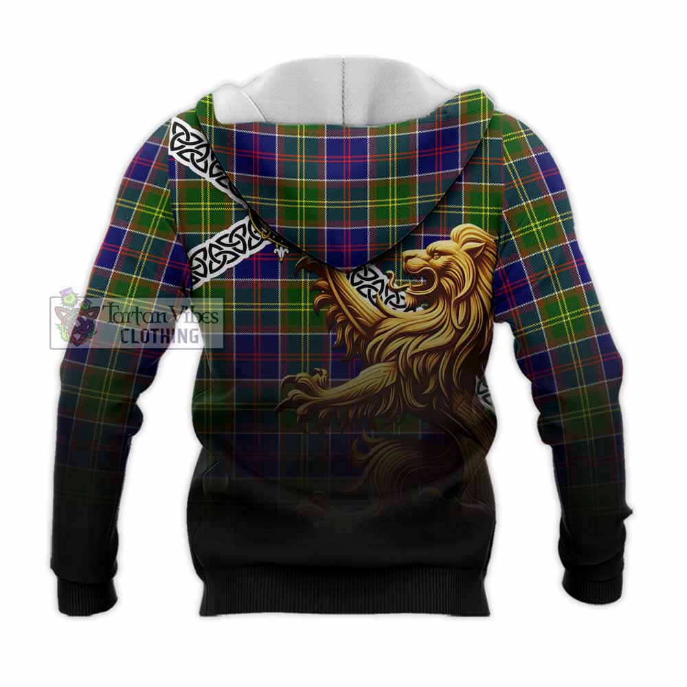 Whitefoord Crest Tartan Knitted Hoodie with Golden Lion Emblem Celtic Style - Tartan Vibes Clothing