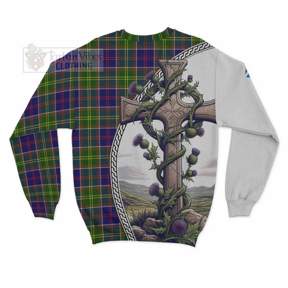 Whitefoord Tartan Sweatshirt with Family Crest and St. Andrew's Cross Accented by Thistle Vines - Tartan Vibes Clothing