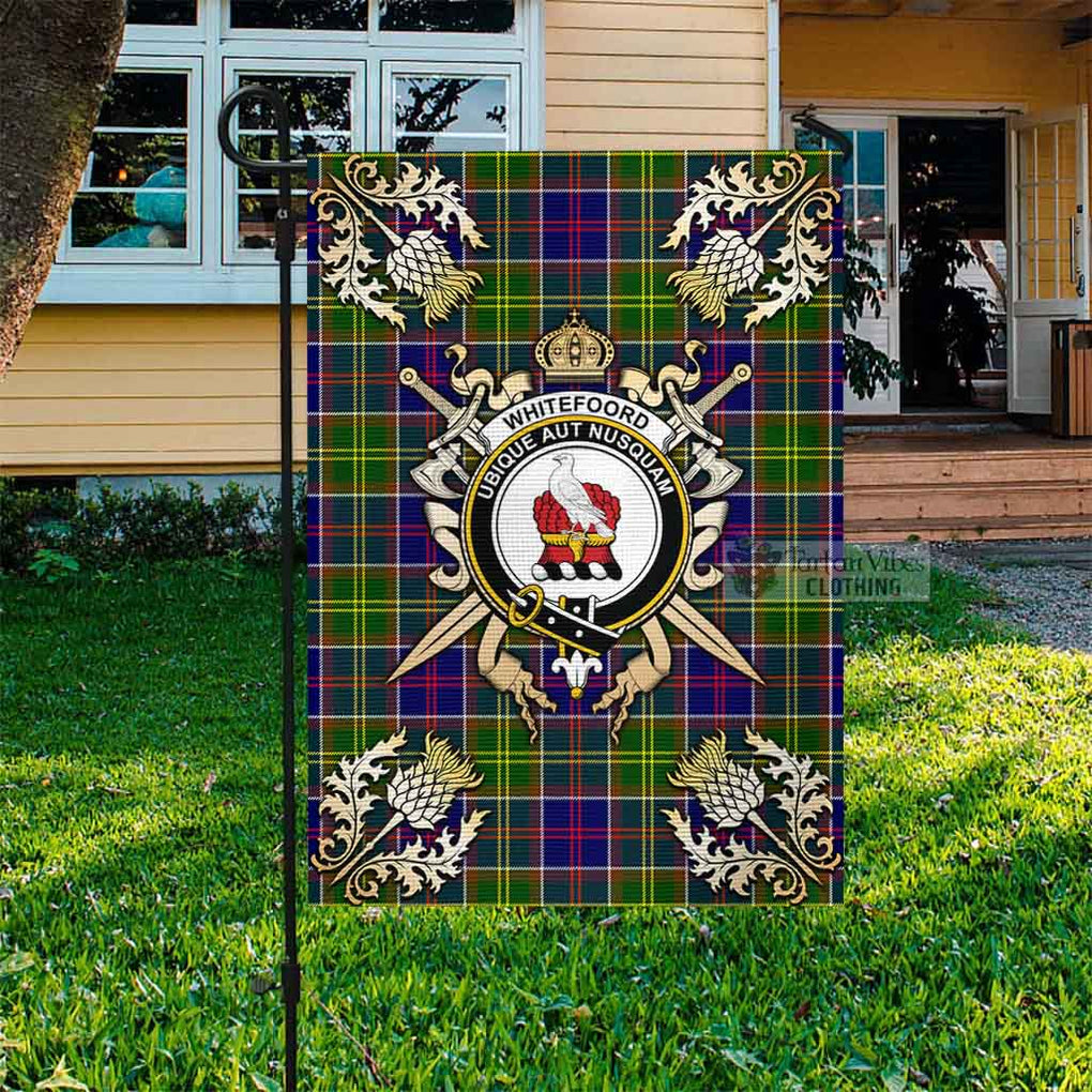 Tartan Vibes Clothing Whitefoord Tartan Flag with Family Crest and Golden Thistle Crossed Sword Design