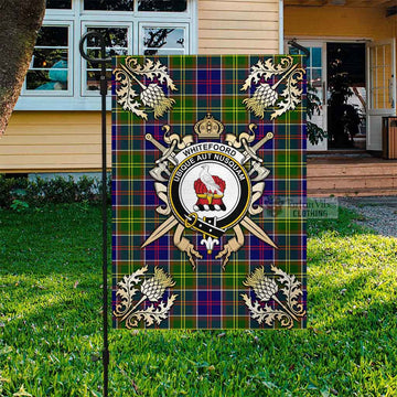 Tartan Vibes Clothing Whitefoord Tartan Flag with Family Crest and Golden Thistle Crossed Sword Design