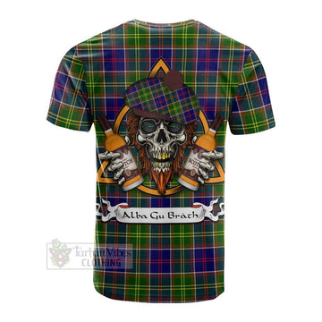 Whitefoord Tartan Cotton T-shirt with Family Crest and Bearded Skull Holding Bottles of Whiskey - Tartan Vibes Clothing