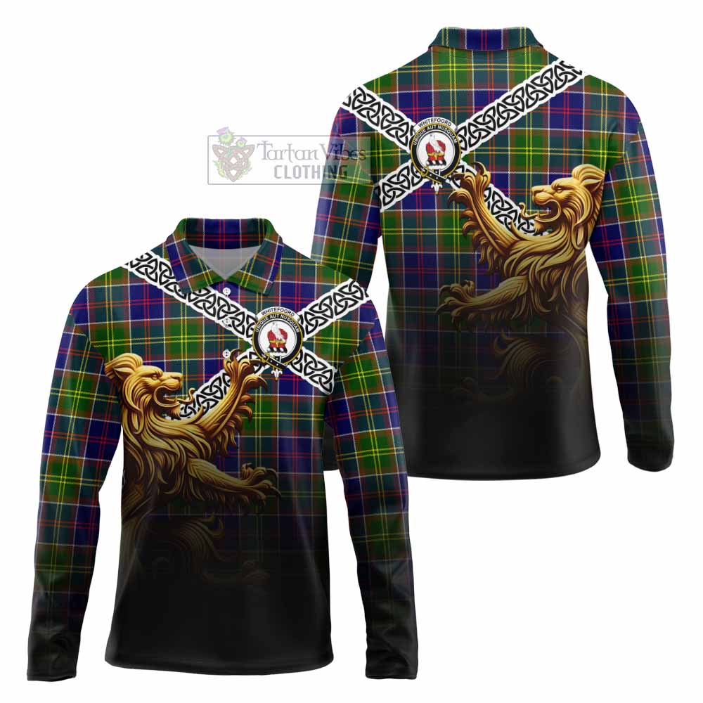 Whitefoord Crest Tartan Long Sleeve Polo Shirt with Golden Lion Emblem Celtic Style - Tartan Vibes Clothing