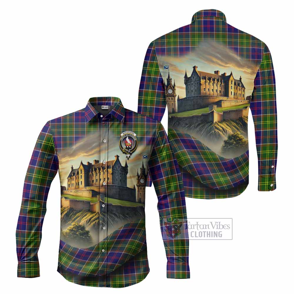 Tartan Vibes Clothing Whitefoord Tartan Family Crest Long Sleeve Button Shirt with Scottish Ancient Castle Style