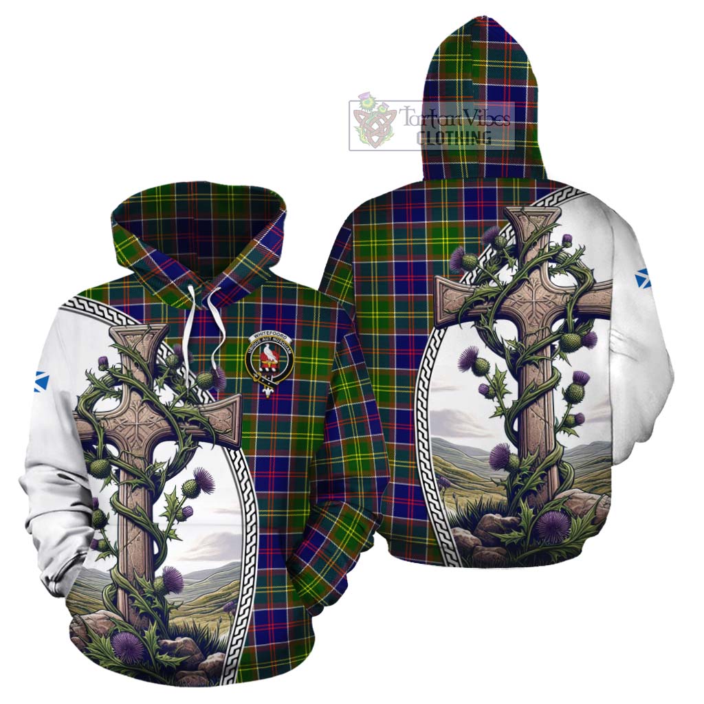 Tartan Vibes Clothing Whitefoord Tartan Cotton Hoodie with Family Crest and St. Andrew's Cross Accented by Thistle Vines